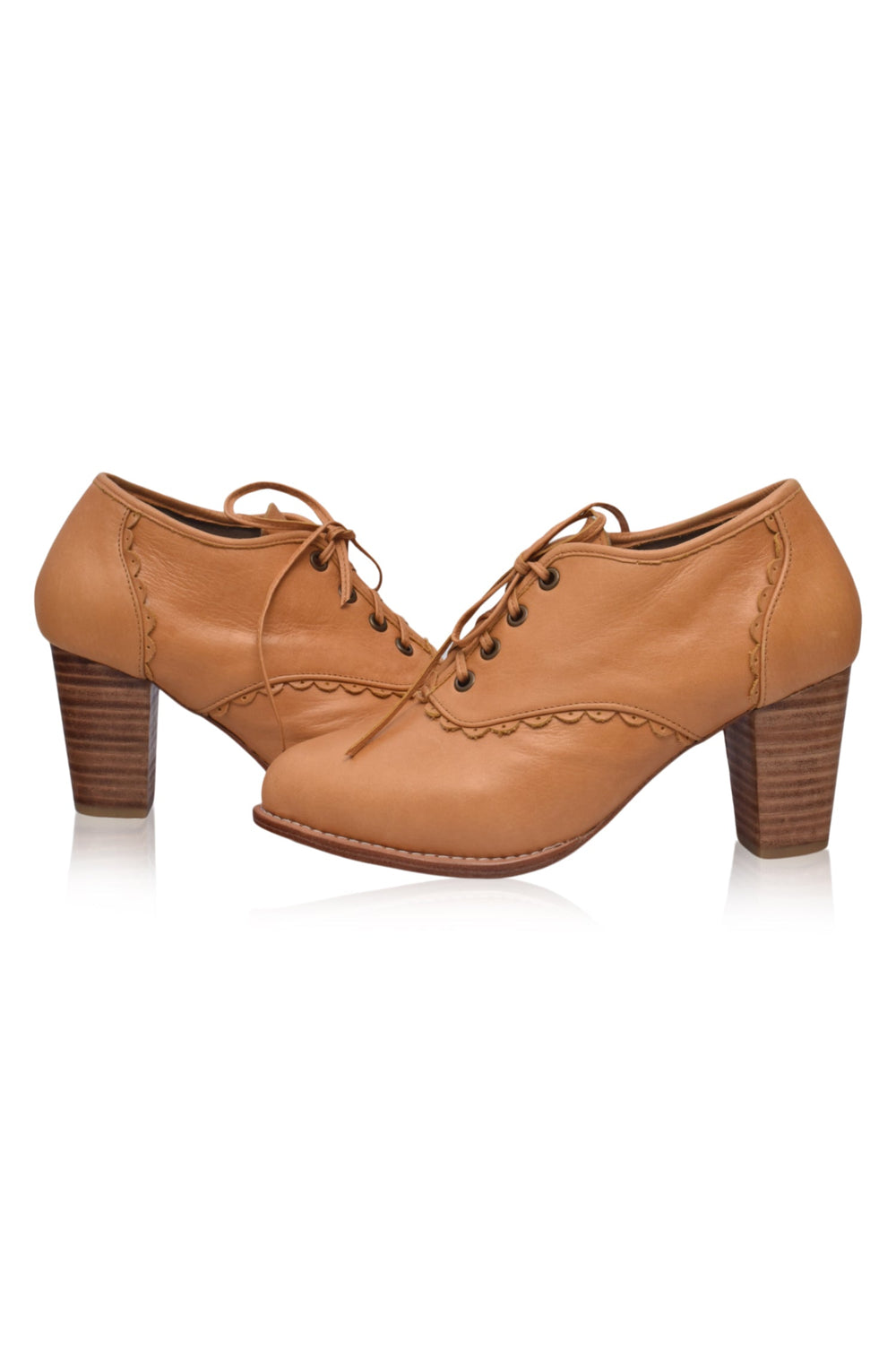 Womens Lace Oxford Leather Heels - Light Tan