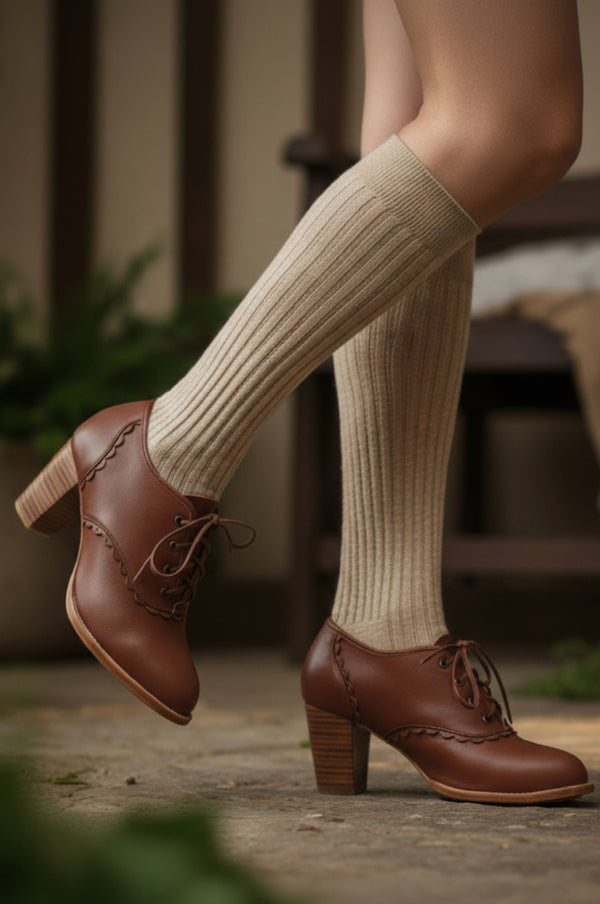 Womens Lace Oxford Leather Heels - Vintage Brown