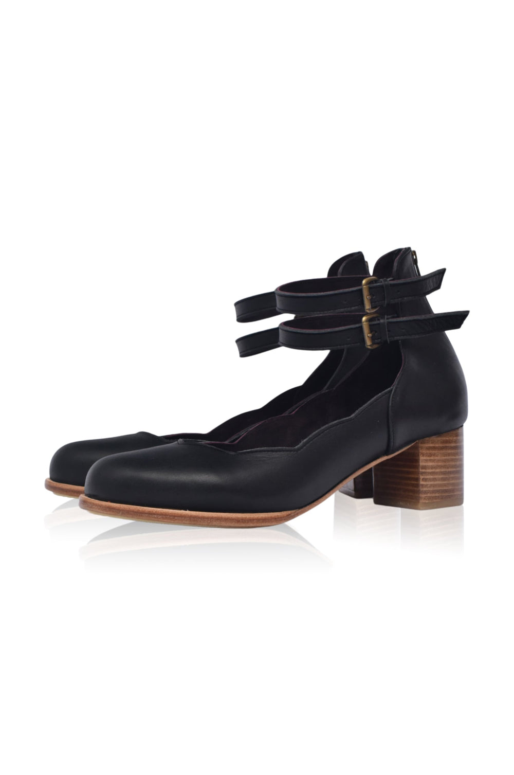 Womens Lily Valley Scalloped Leather Heels - Black
