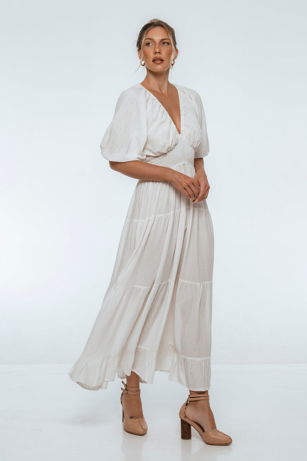Womens Lucienne Smocked Linen Maxi Dress - Red