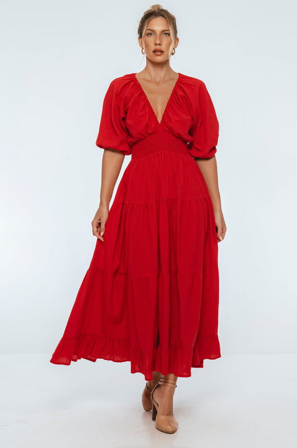 Womens Lucienne Smocked Linen Maxi Dress - Red