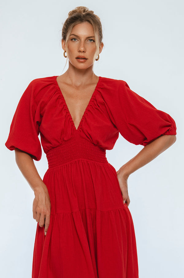 Womens Lucienne Smocked Linen Maxi Dress - Red