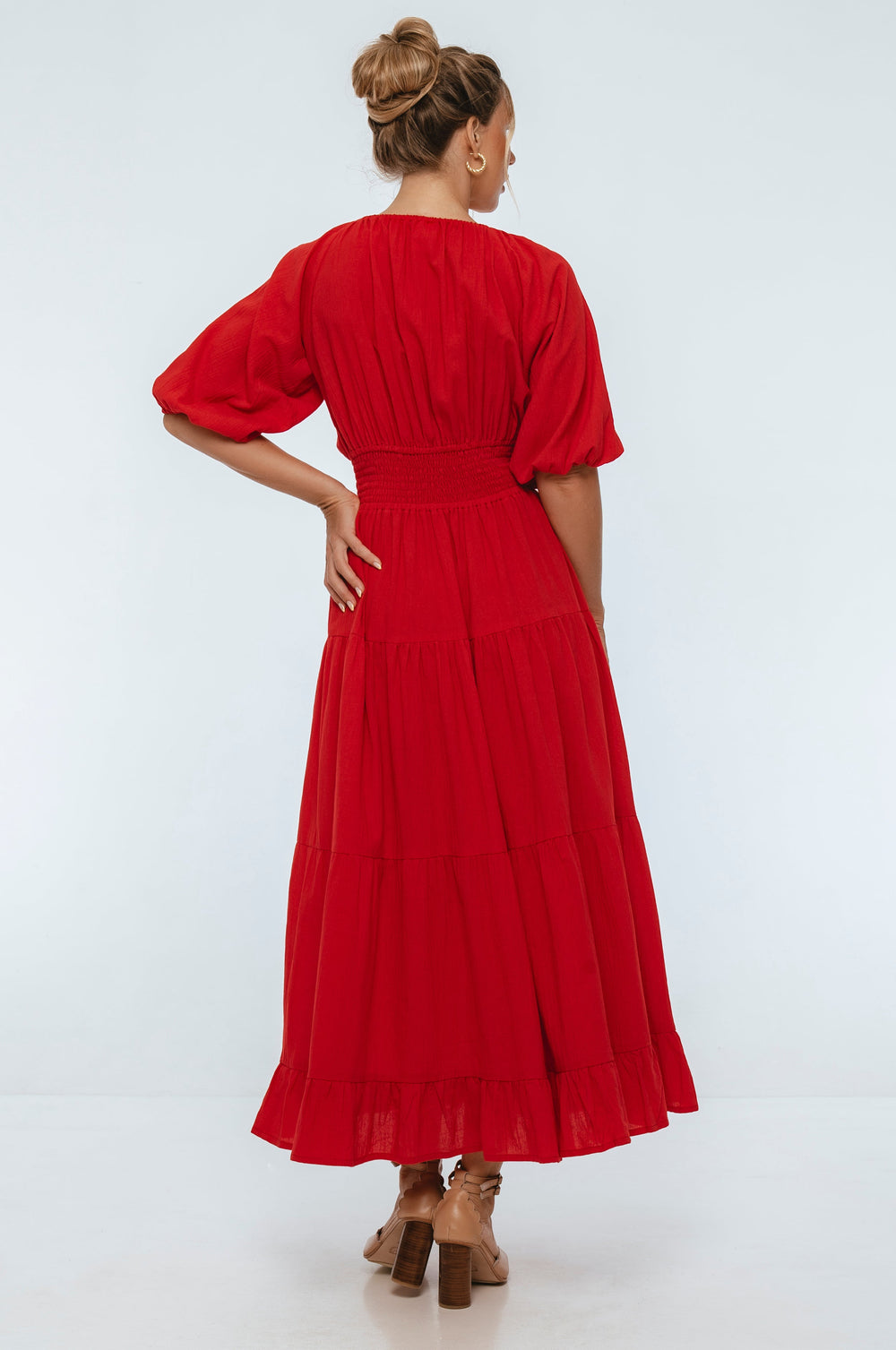 Womens Lucienne Smocked Linen Maxi Dress - Red