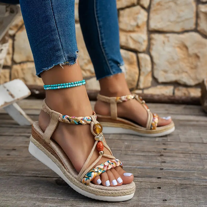 Alessandra Bohemian Beaded Sandals – Beige