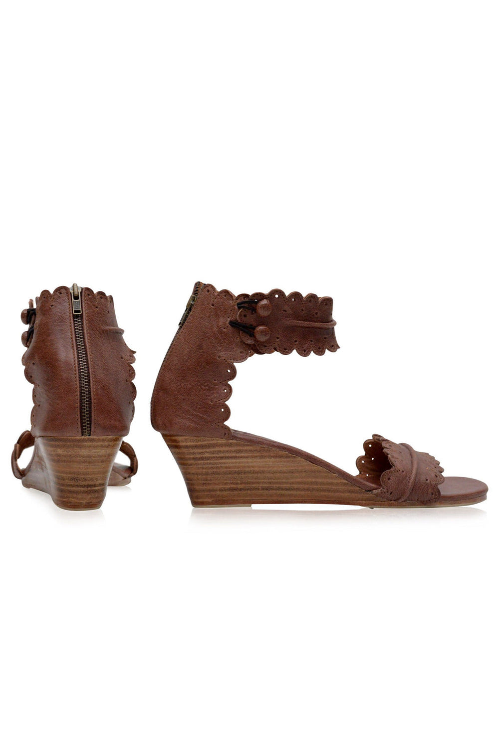 Womens Magdalena Wooden Wedge Leather Sandals - Vintage Brown