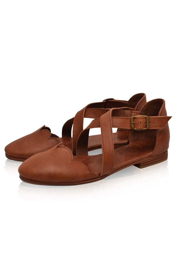 Womens Mangrove Cross-Strap Leather Ballet Flats - Vintage Camel