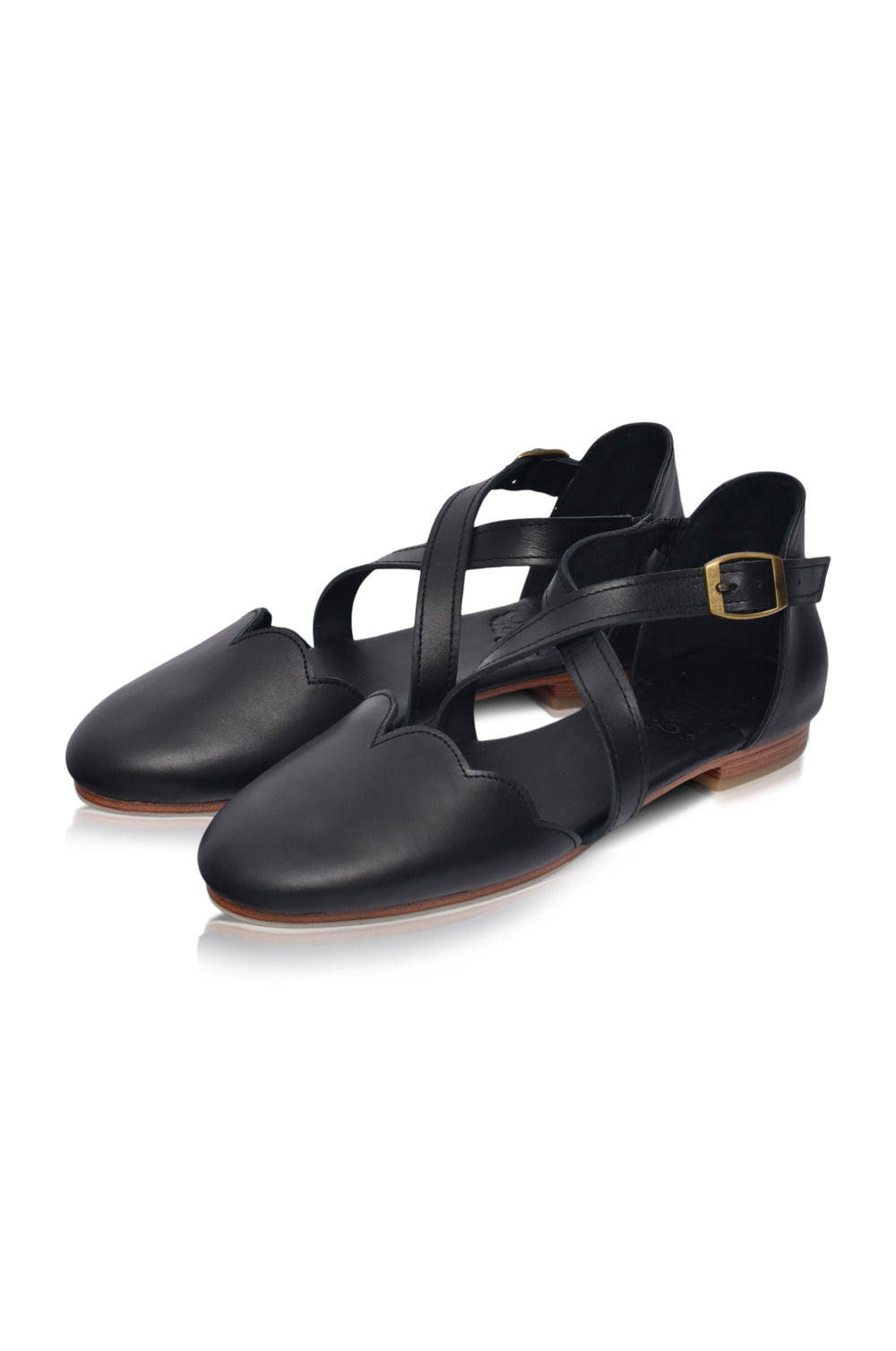 Womens Mangrove Cross-Strap Leather Ballet Flats - Black