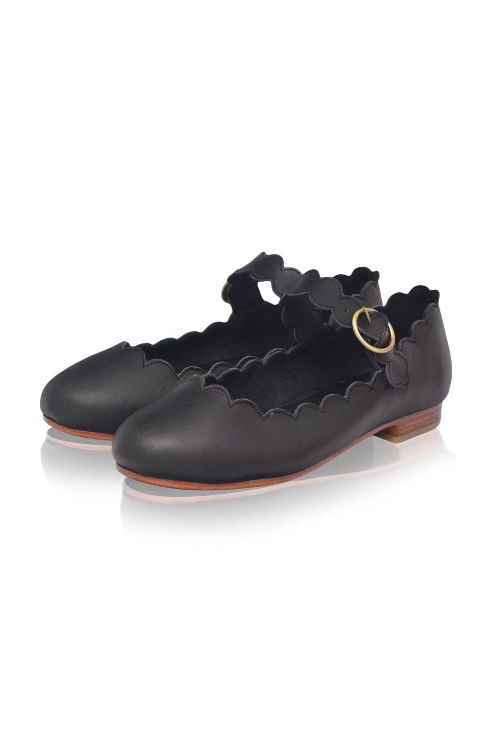 Womens Mia Rosa Scalloped Mary Jane Leather Flats - Black