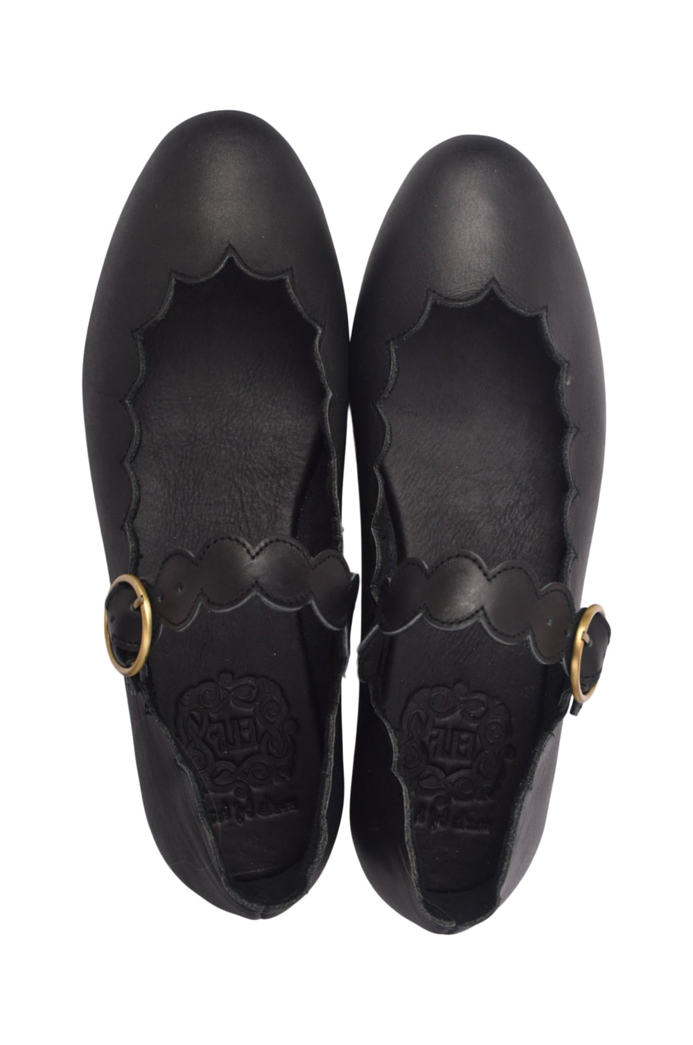 Womens Mia Rosa Scalloped Mary Jane Leather Flats - Black