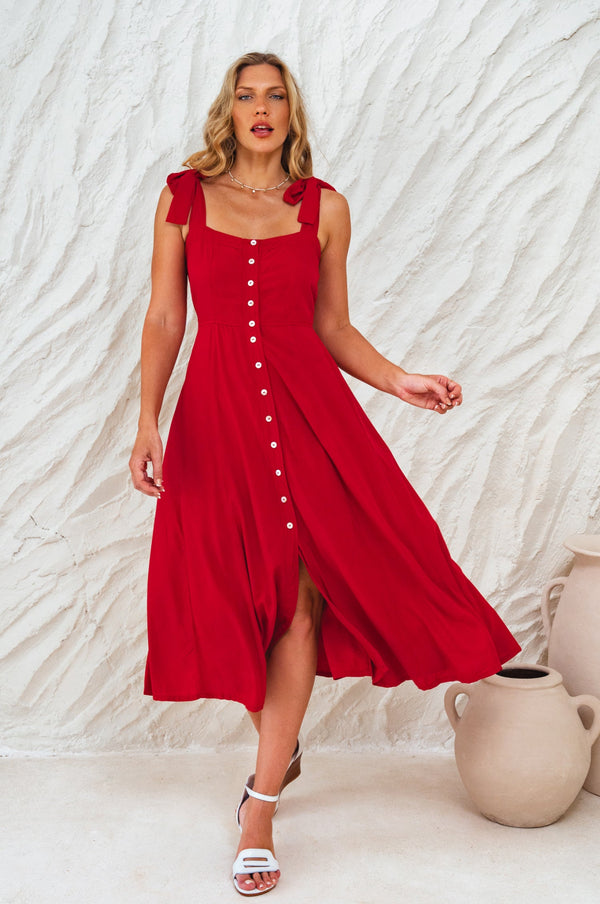 Womens Mia Vita Button Down Dress With Ties - Tomato