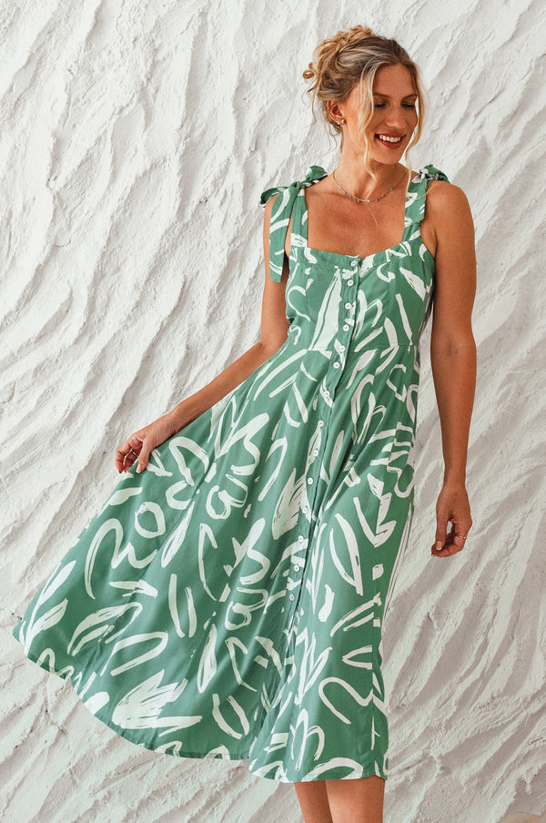 Womens Mia Vita Button Down Dress With Ties - Verde
