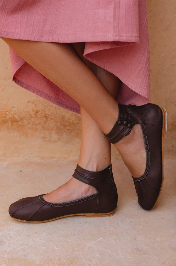Womens Muse Ankle Strap Leather Ballet Flats - Dark Brown
