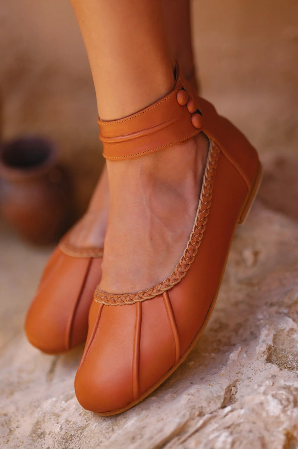 Womens Muse Ankle Strap Leather Ballet Flats - Dark Tan