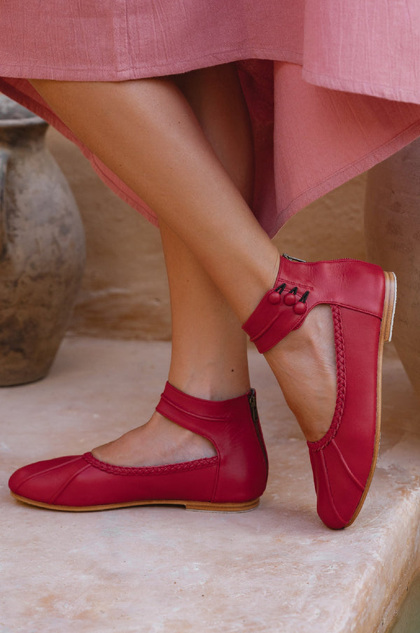 Womens Muse Ankle Strap Leather Ballet Flats - Vintage Red
