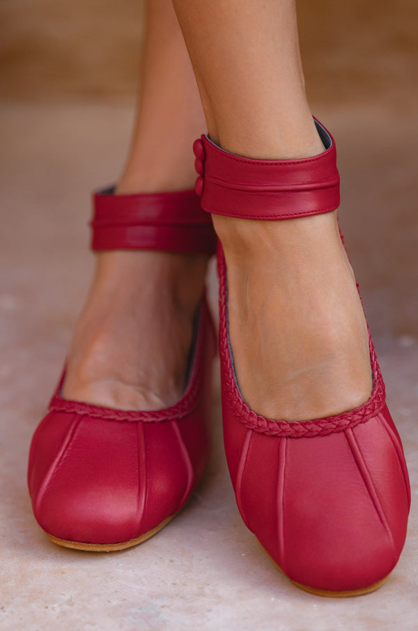 Womens Muse Ankle Strap Leather Ballet Flats - Vintage Red
