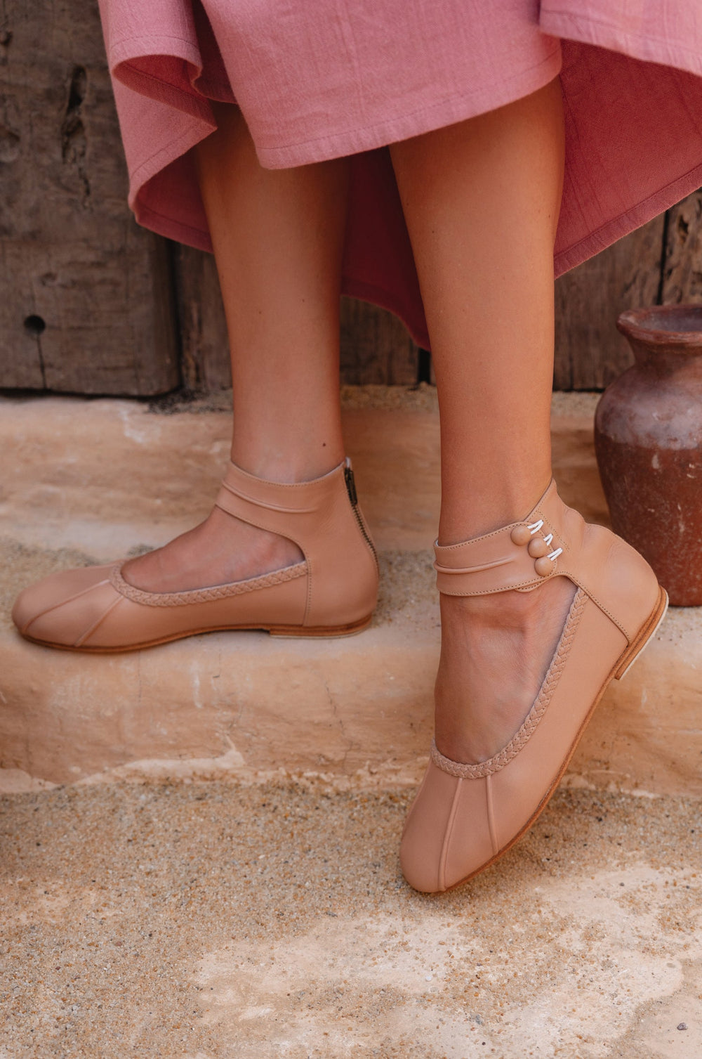 Womens Muse Ankle Strap Leather Ballet Flats - Vintage Beige