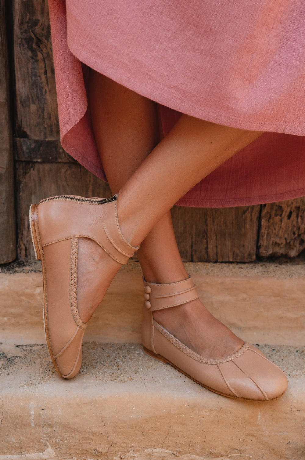 Womens Muse Ankle Strap Leather Ballet Flats - Vintage Beige