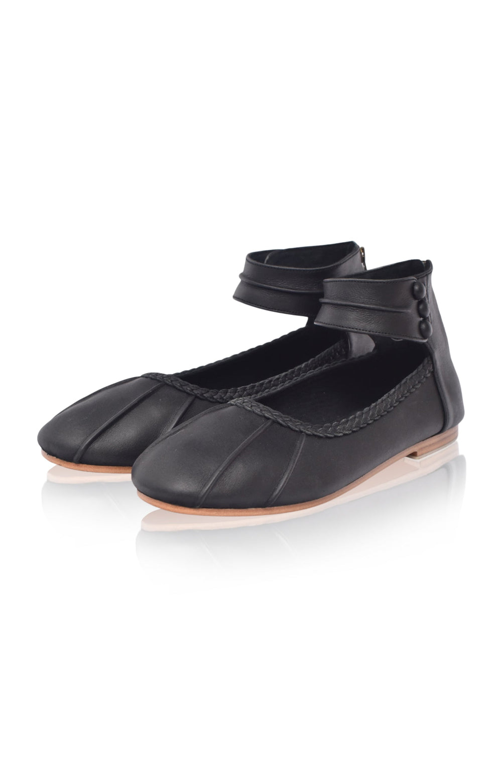 Womens Muse Ankle Strap Leather Ballet Flats - Black