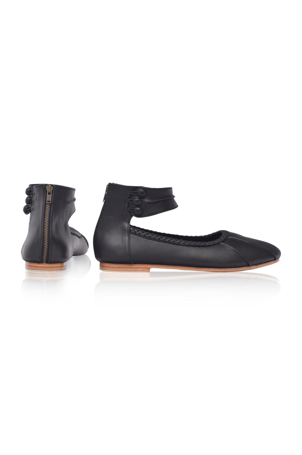 Womens Muse Ankle Strap Leather Ballet Flats - Black