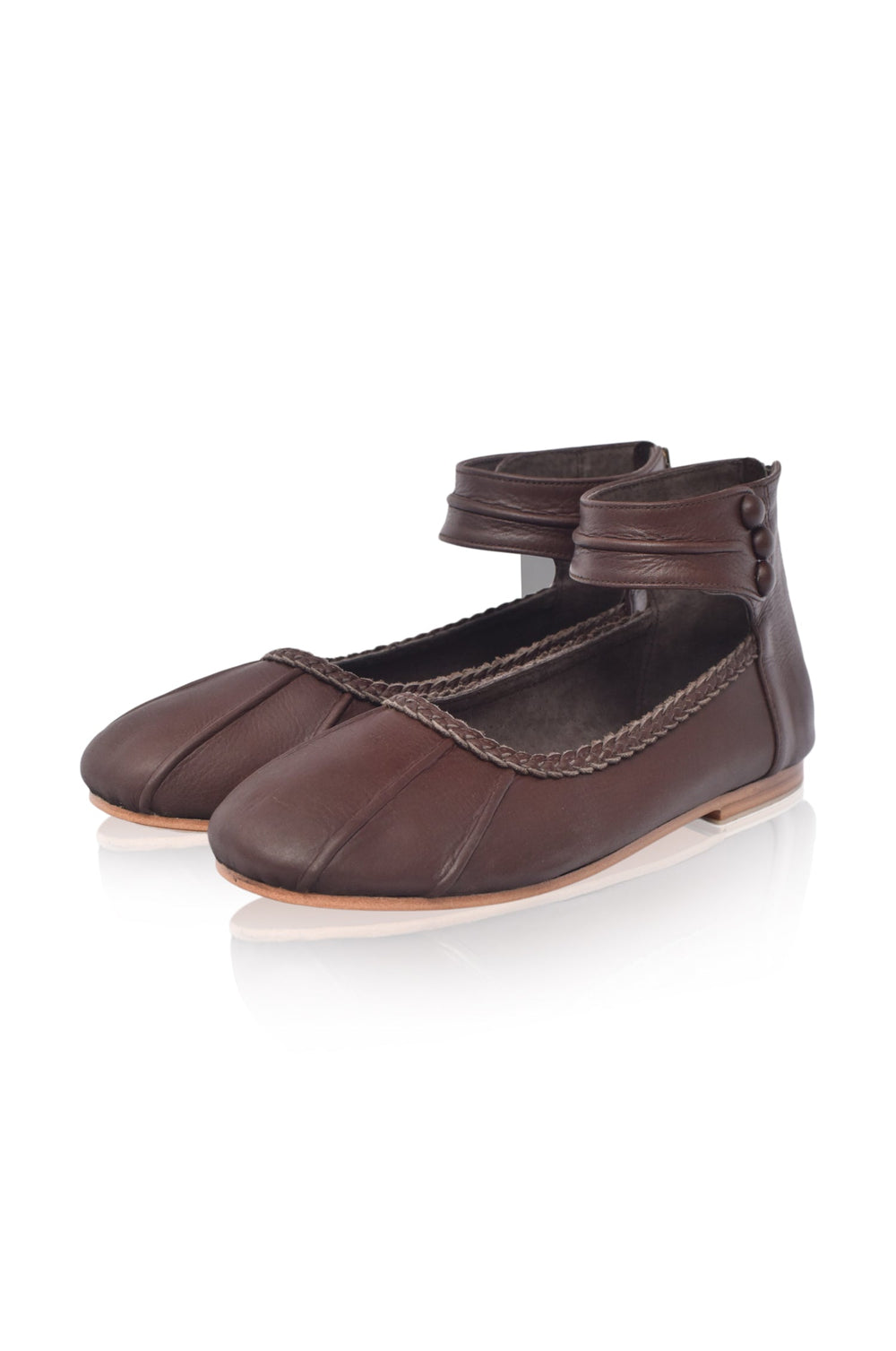 Womens Muse Ankle Strap Leather Ballet Flats - Dark Brown