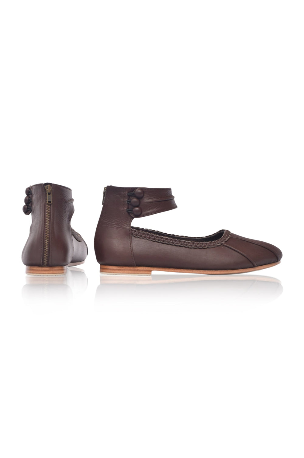 Womens Muse Ankle Strap Leather Ballet Flats - Dark Brown