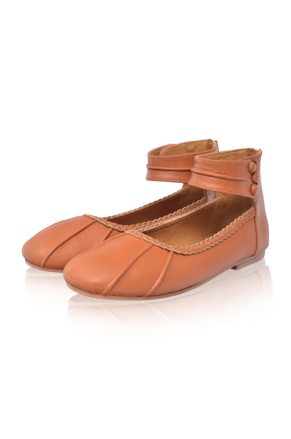 Womens Muse Ankle Strap Leather Ballet Flats - Dark Tan