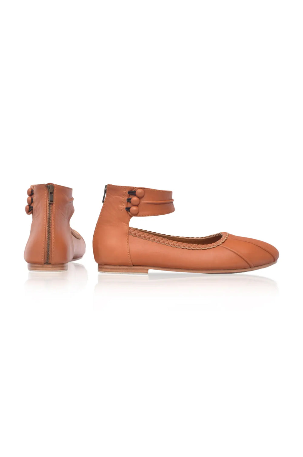Womens Muse Ankle Strap Leather Ballet Flats - Dark Tan