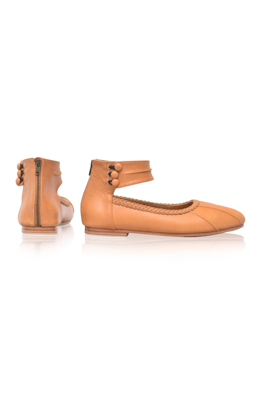 Womens Muse Ankle Strap Leather Ballet Flats - Light Tan
