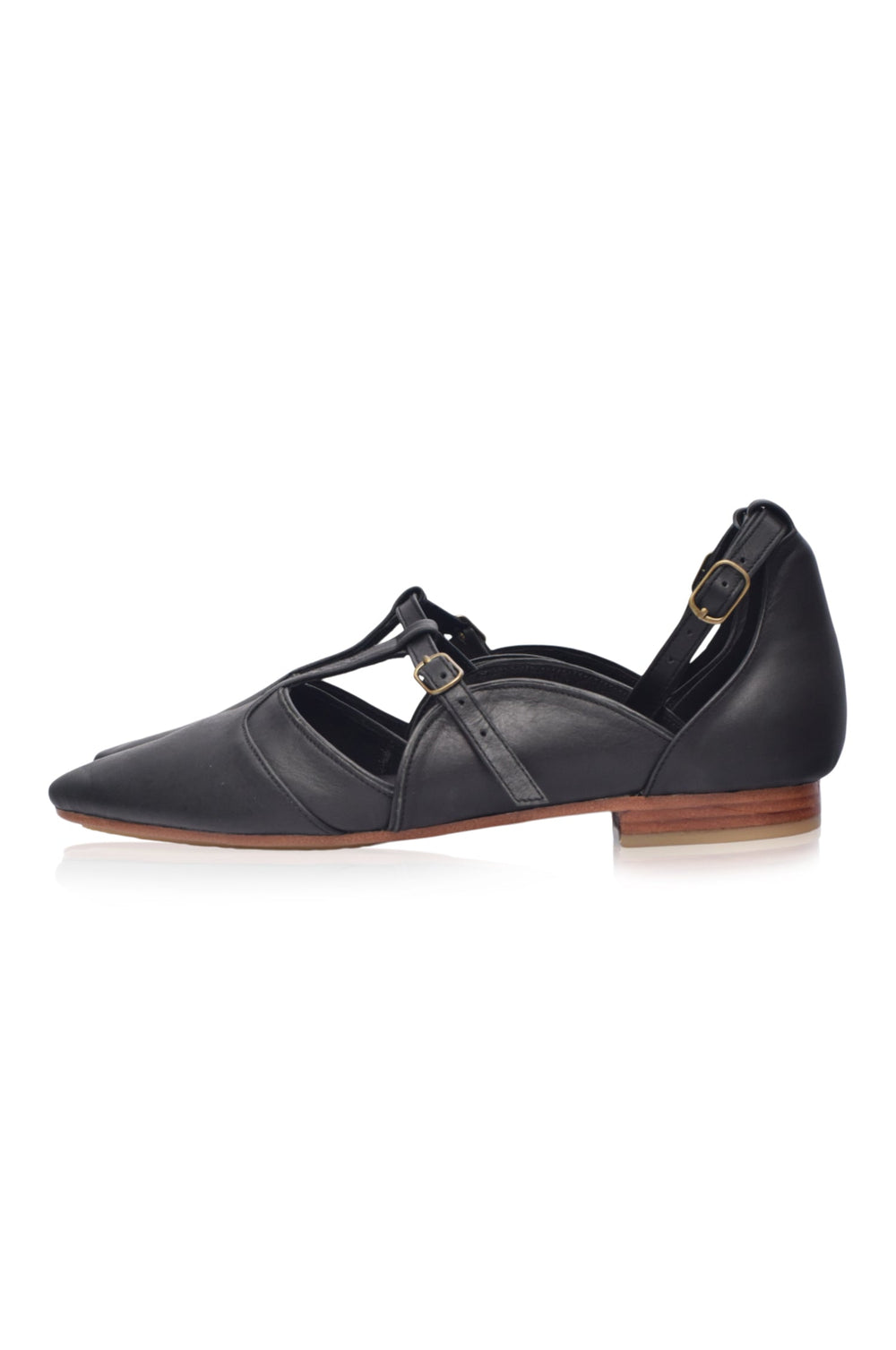 Womens On The Go Pointed Toe T-Strap Leather Flats - Dark Tan