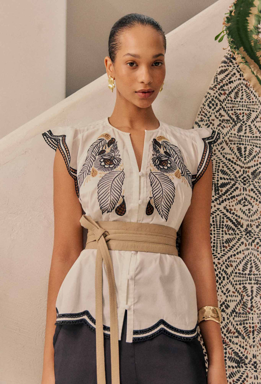 Aseel Cotton Flutter Sleeve Embroidered Top – Ivory