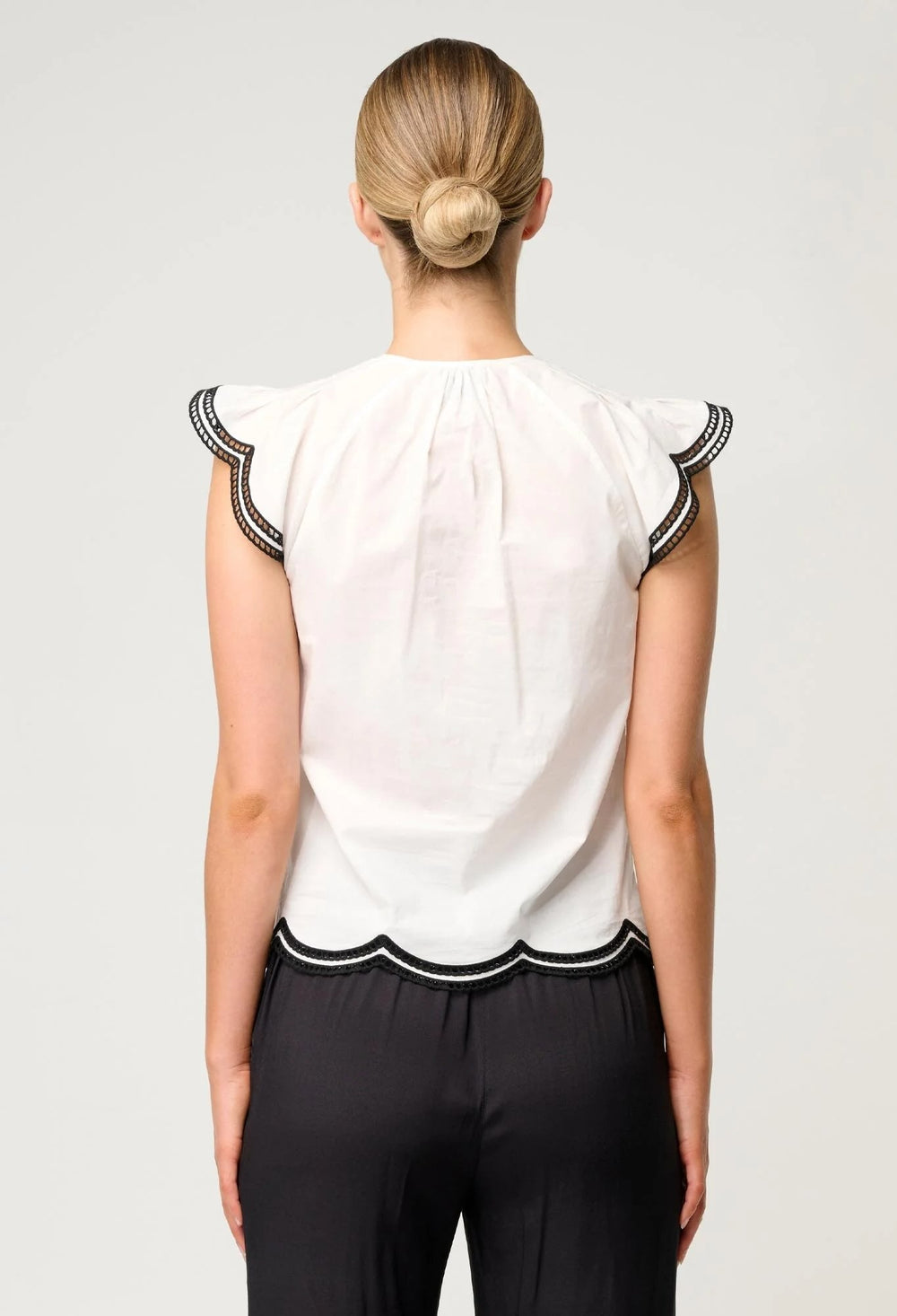 Aseel Cotton Flutter Sleeve Embroidered Top In Ivory