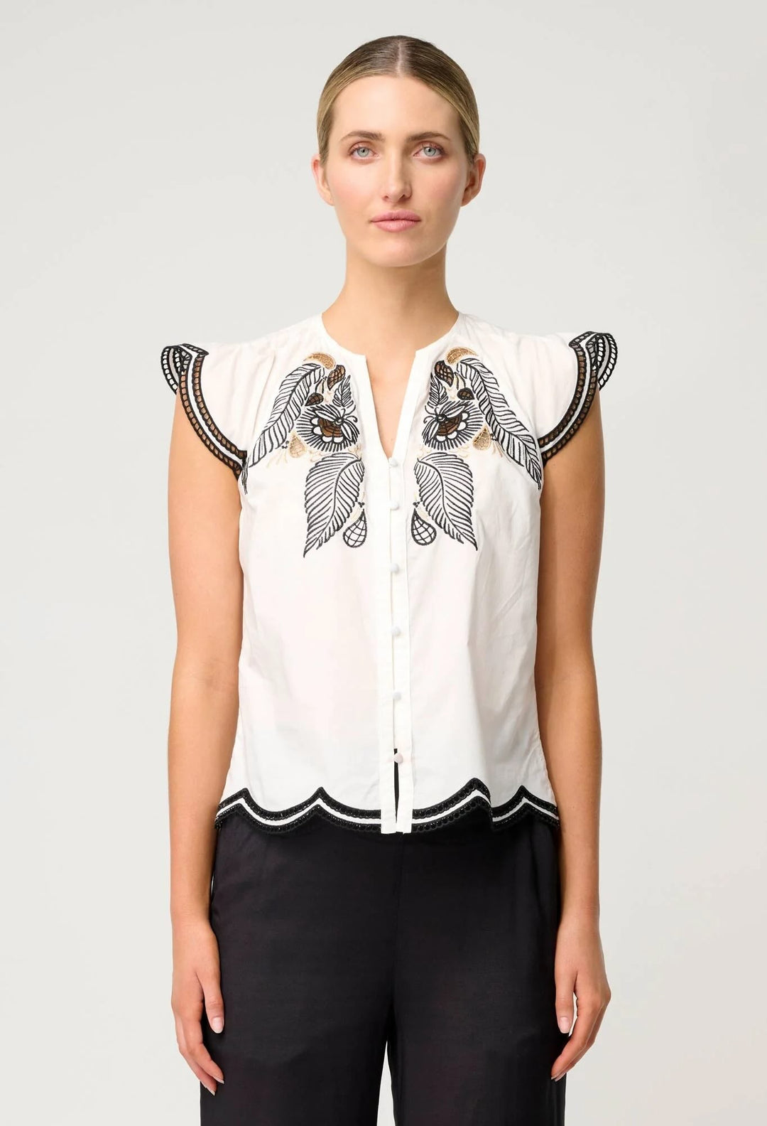 Aseel Cotton Flutter Sleeve Embroidered Top – Ivory