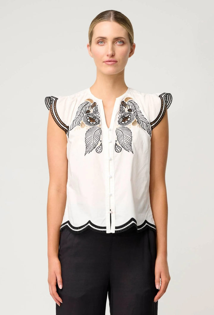 Aseel Cotton Flutter Sleeve Embroidered Top – Ivory