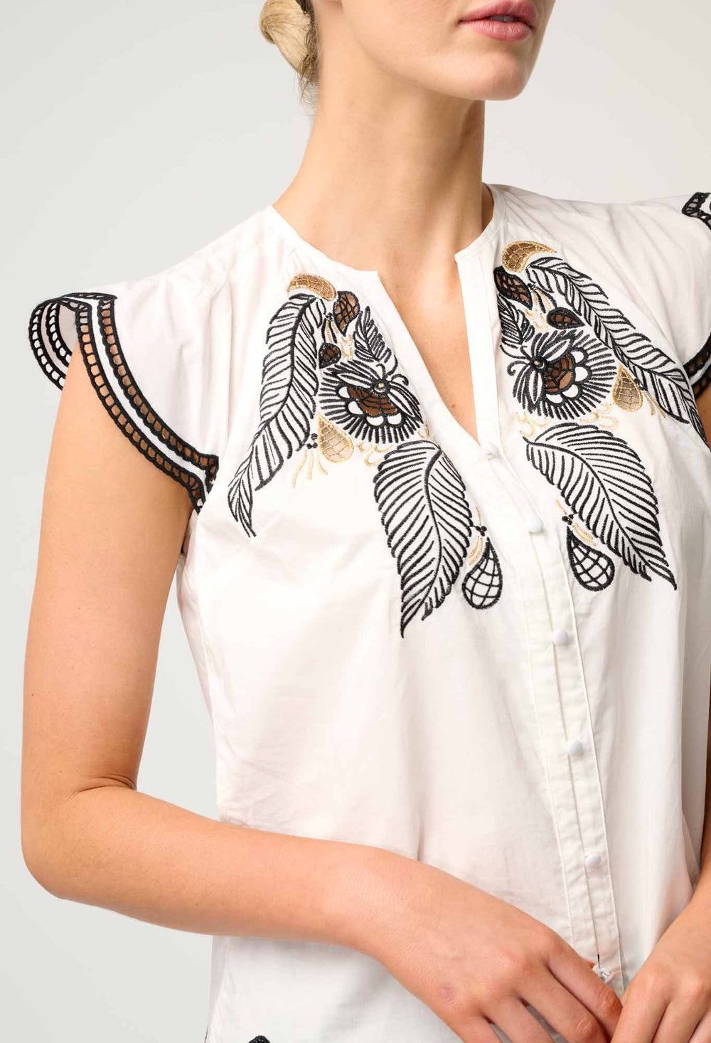 Aseel Cotton Flutter Sleeve Embroidered Top In Ivory