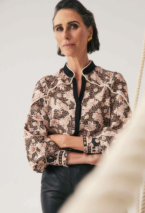 Harley Linen Viscose Rope Trim Shirt In Russet Palm