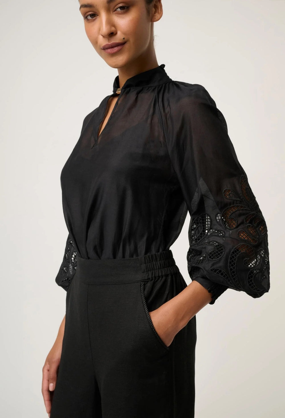 Simona Cotton Silk Embroidered Blouse In Black