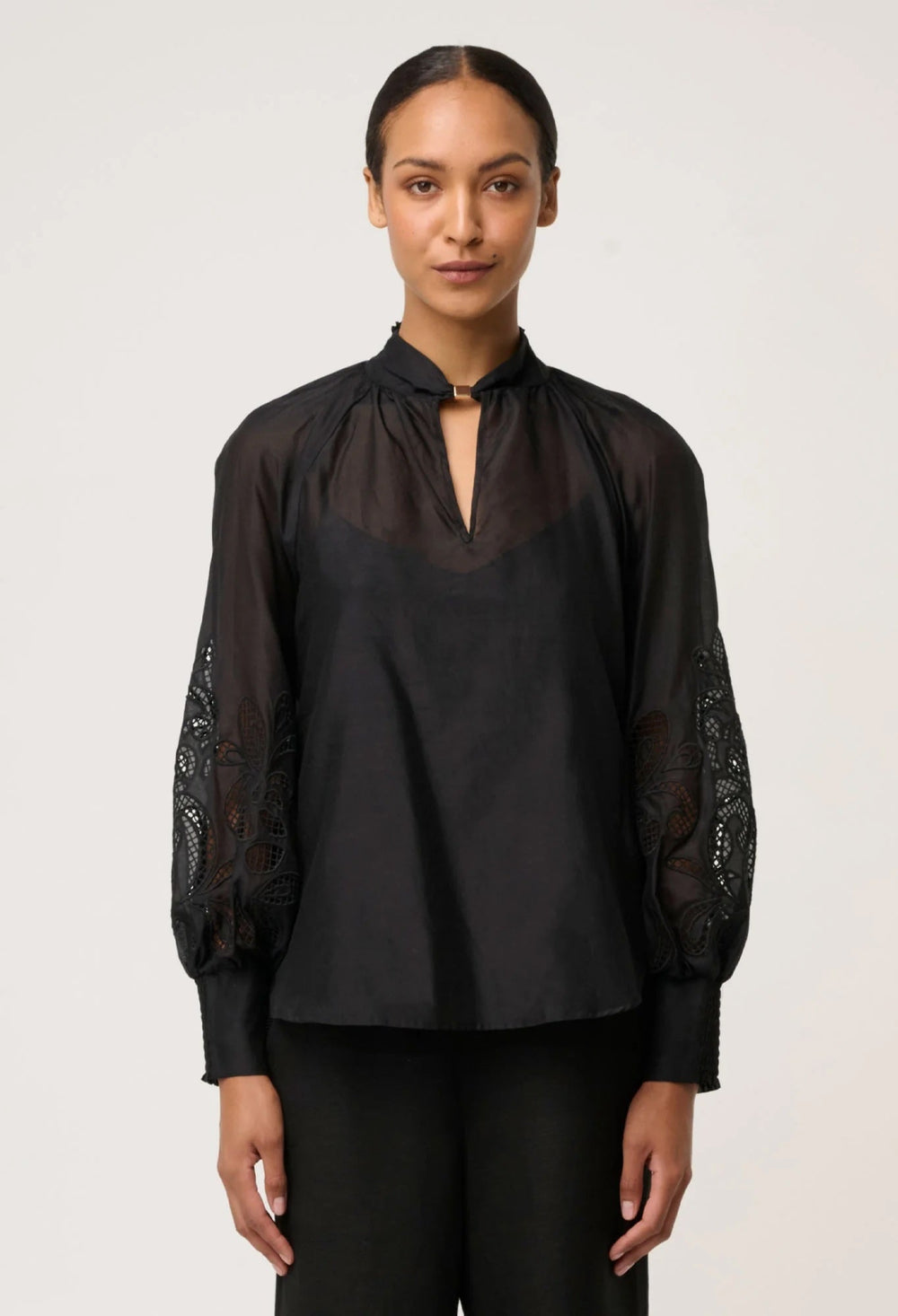 Simona Cotton Silk Embroidered Blouse In Black