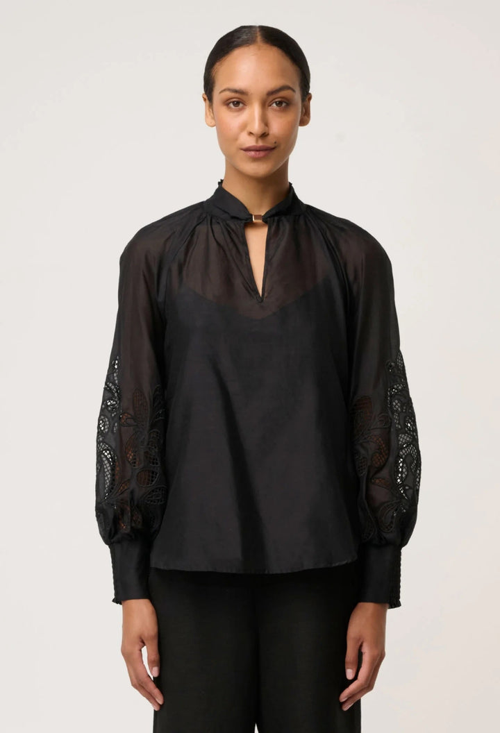 Simona Cotton Silk Embroidered Blouse In Black