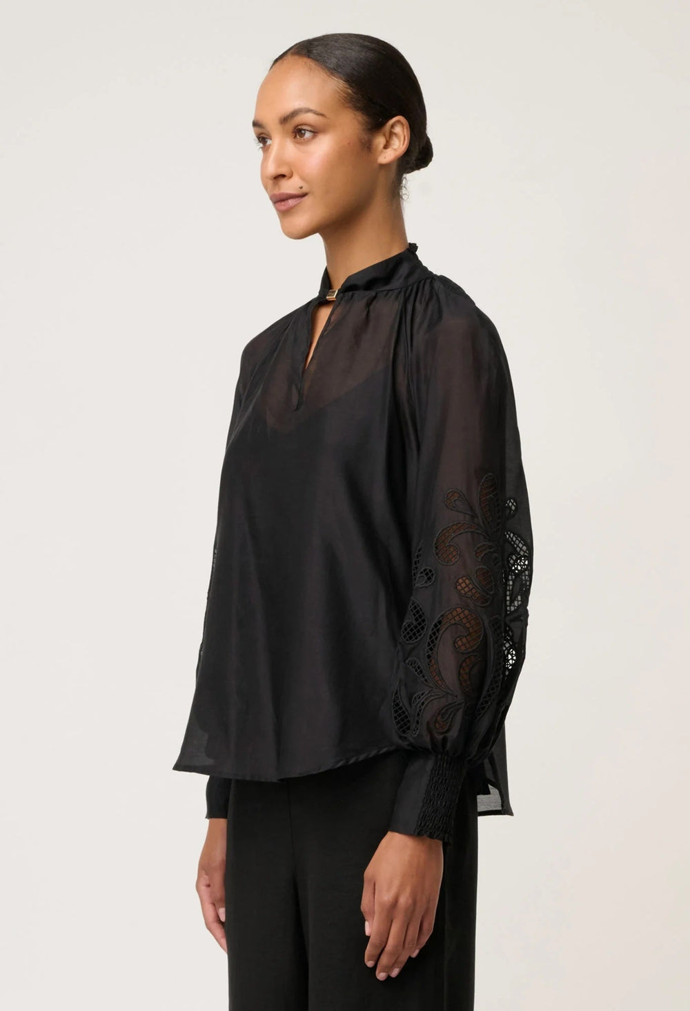 Simona Cotton Silk Embroidered Blouse In Black