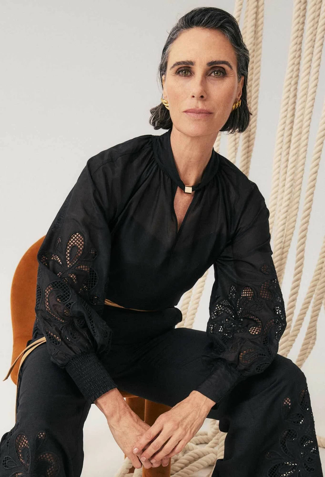 Simona Cotton Silk Embroidered Blouse In Black
