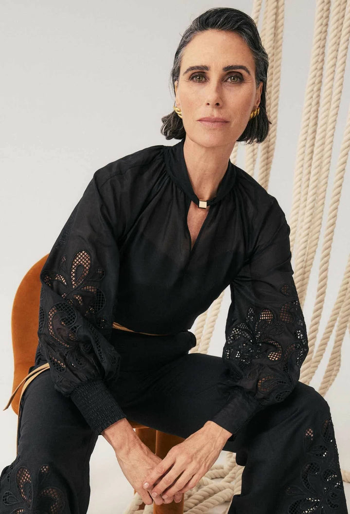 Simona Cotton Silk Embroidered Blouse In Black