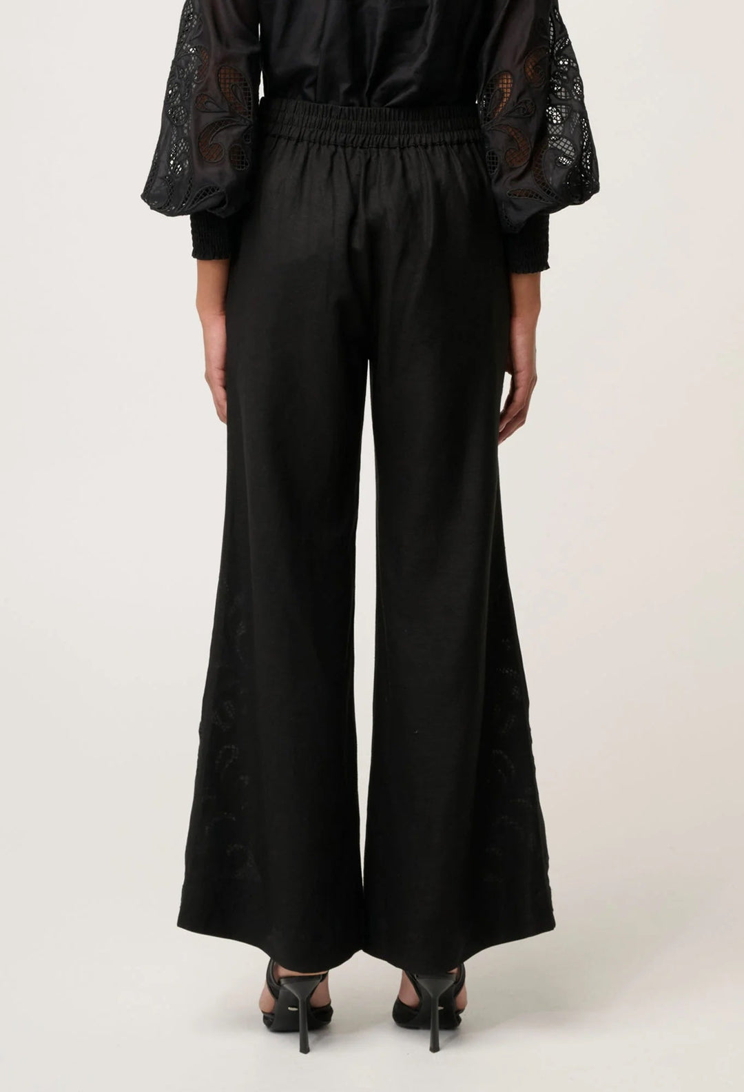 Rhea Linen Viscose Embroidered Pants – Black