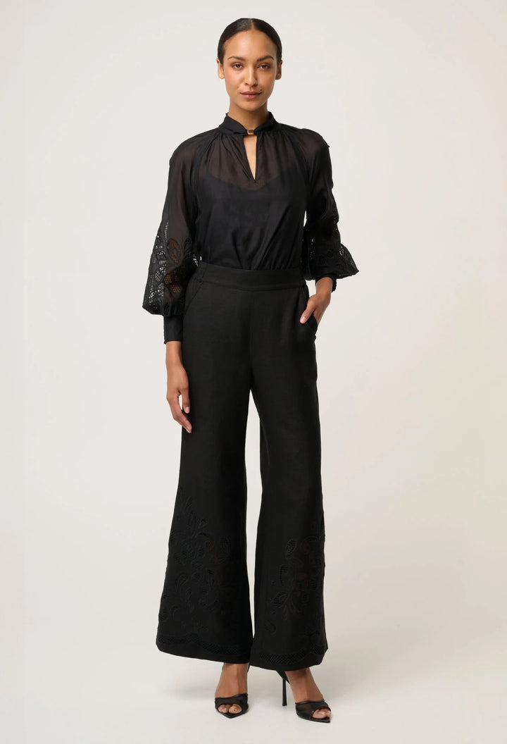 Rhea Linen Viscose Embroidered Pants – Black