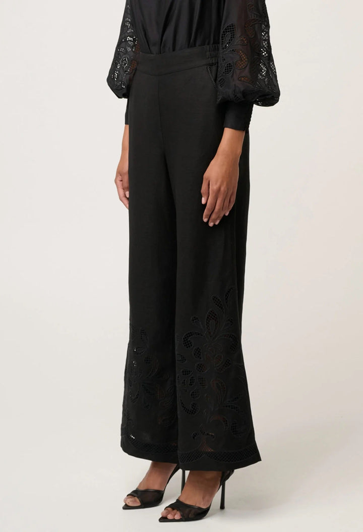 Rhea Linen Viscose Embroidered Pants – Black