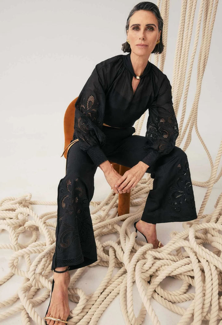 Rhea Linen Viscose Embroidered Pants – Black