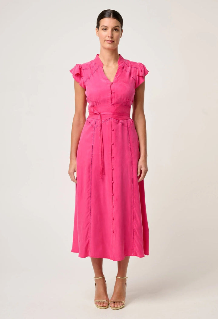 Athena Cupro Flutter Sleeve Dress – Azure Mosaic