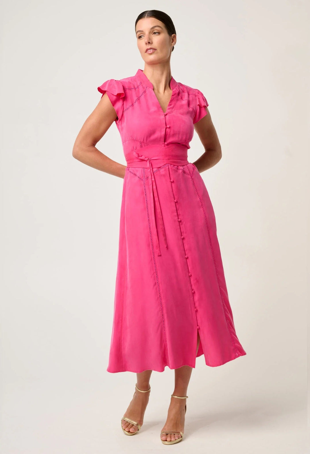 Athena Cupro Flutter Sleeve Dress – Azure Mosaic