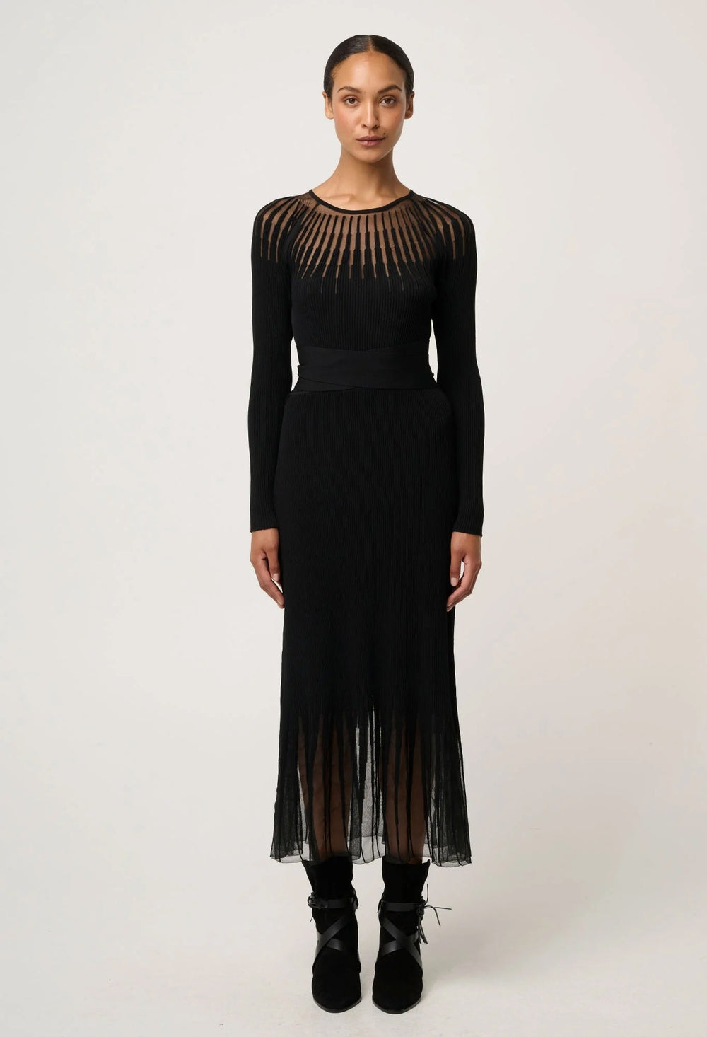 Rhiannon Viscose Nylon Sheer Knit Dress In Black