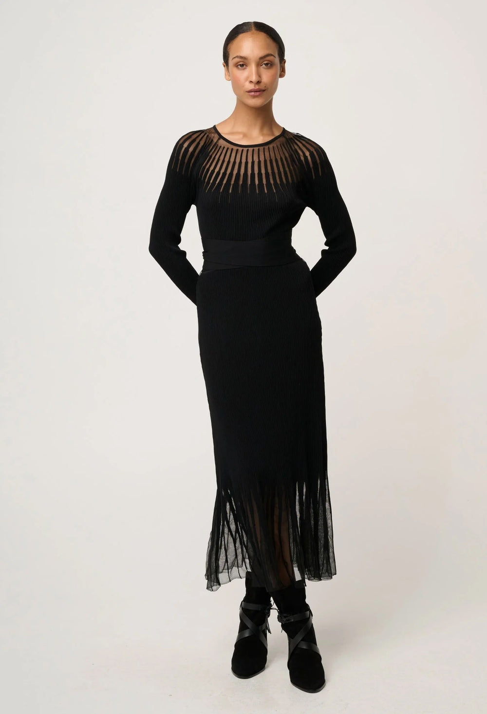 Rhiannon Viscose Nylon Sheer Knit Dress In Black