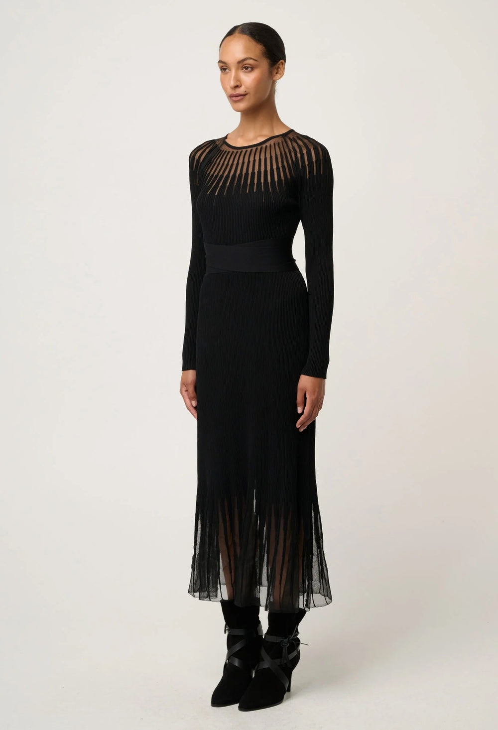 Rhiannon Viscose Nylon Sheer Knit Dress In Black